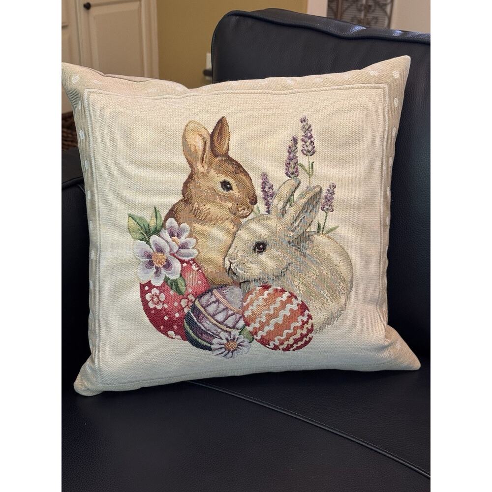Jacquard Woven Tapestry Floral Decor Throw Pillow Easter Bunnies Rabbit Made UK